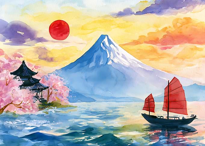 Watercolor Mount Fuji and Junk Boat