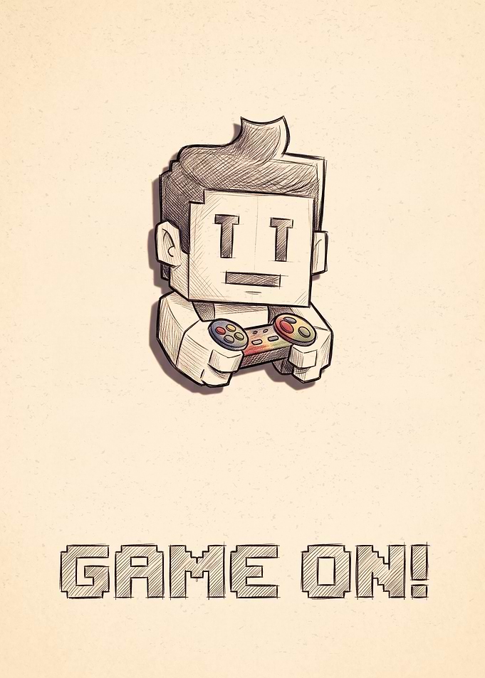 Pixel Art Gaming Sketch Pencil Drawing Boy With Controller And Game On Typography