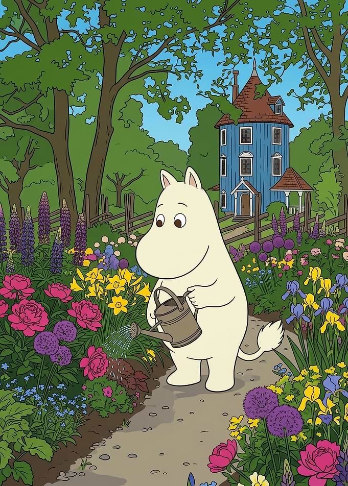 Moomintroll Watering Flowers in Garden