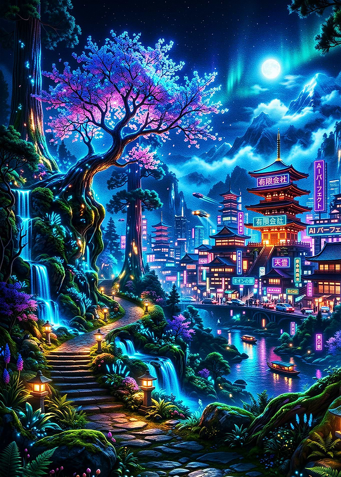 Cyberpunk Japanese Garden and Cityscape
