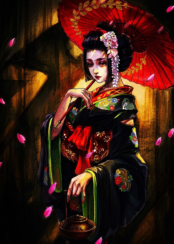 Elegant Geisha with Red Umbrella