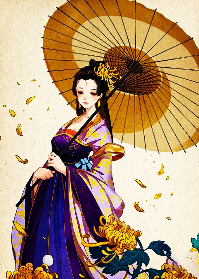 Elegant Woman with Chrysanthemums and Umbrella