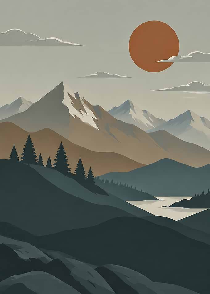 Minimalist Mountain Landscape with Sun