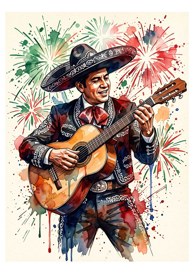 Mariachi Musician Playing Guitar with Fireworks