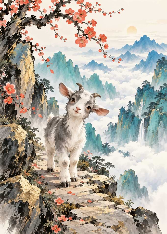 Cute Baby Goat in Misty Mountains