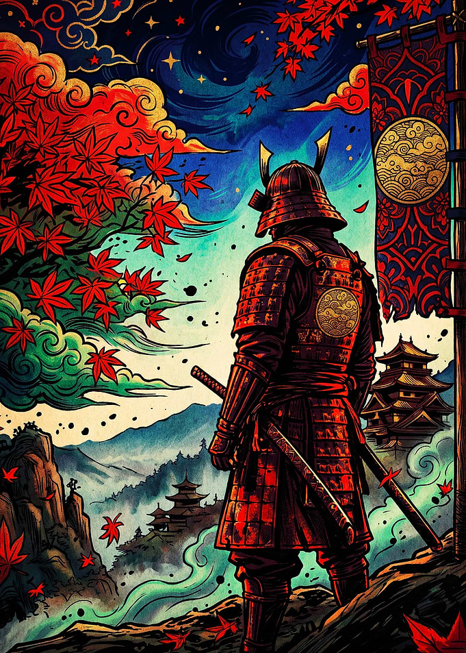 Samurai Warrior Overlooking Ancient Japan