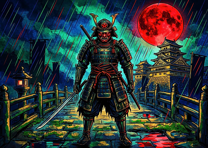 Samurai Warrior Under Red Moon