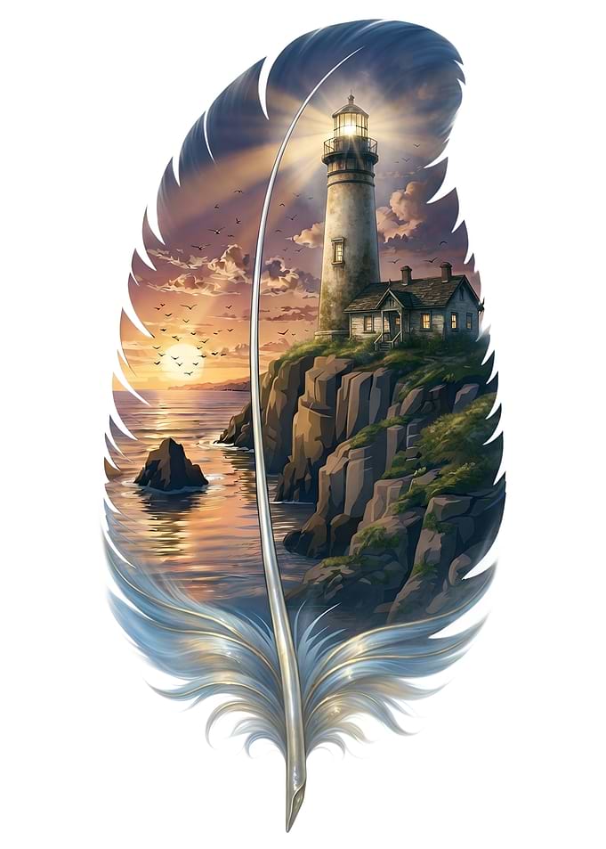 Lighthouse Inside a Feather by Sunset Sea Beach