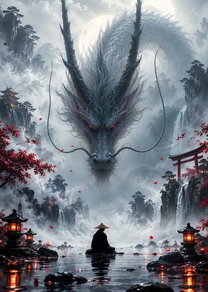 Majestic Dragon Over Meditating Monk