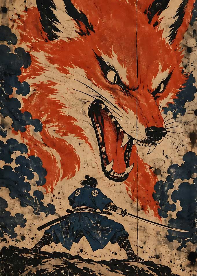 Samurai Facing a Giant Fox Spirit