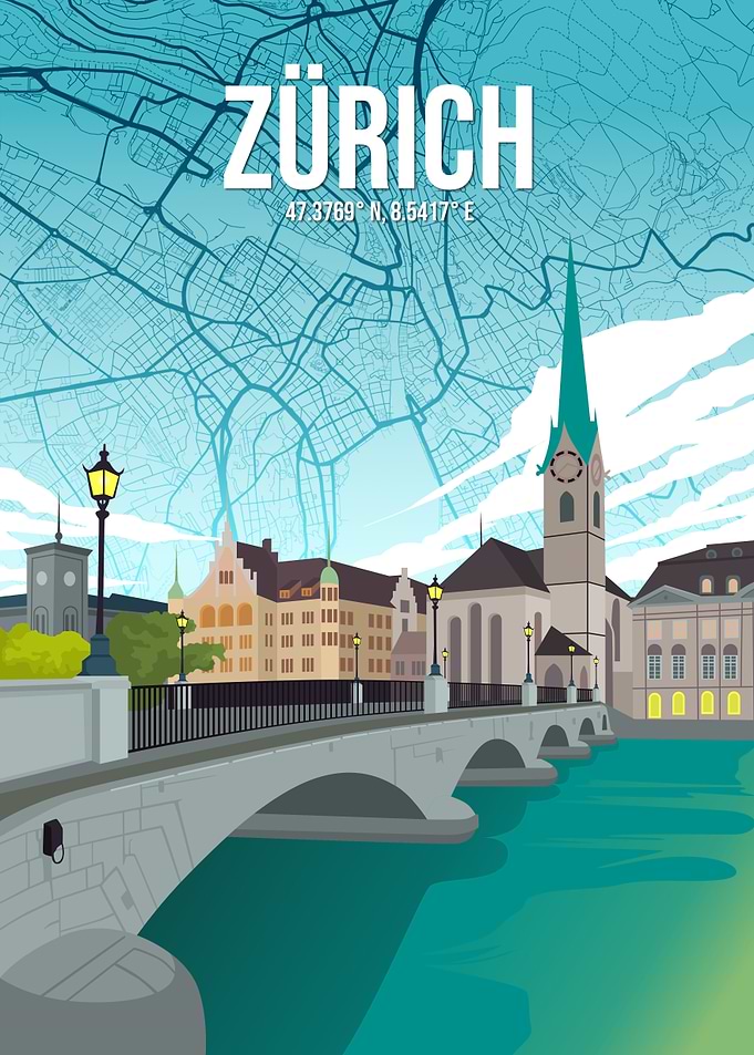 Zurich Switzerland Münsterbrücke River Map Travel Art