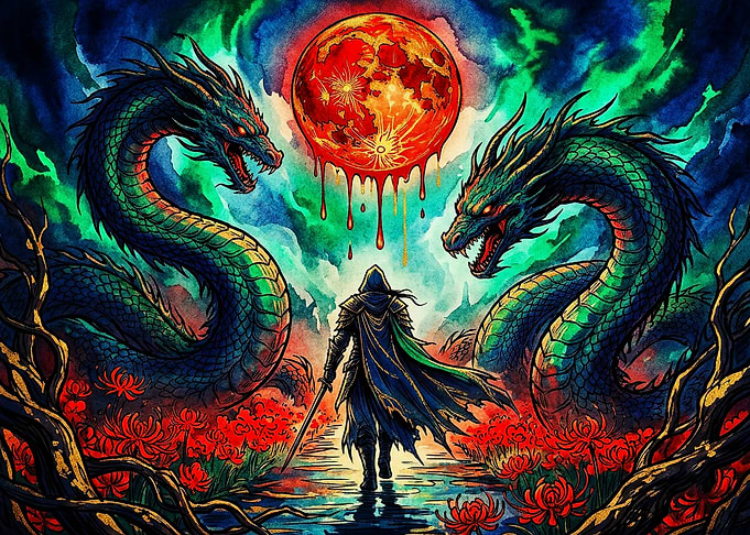 Warrior Facing Twin Dragons Under Bloodmoon