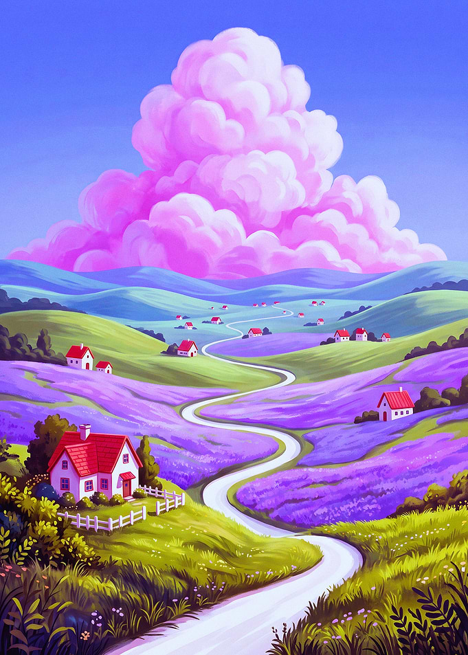 Whimsical Lavender Fields and Winding Road