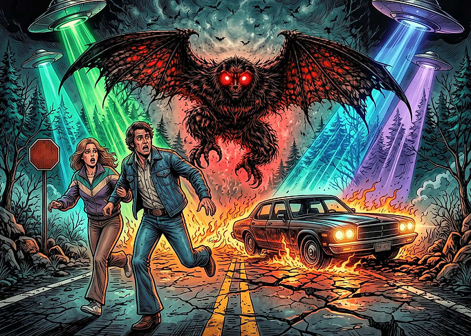 Mothman Encounter Retro Horror Illustration