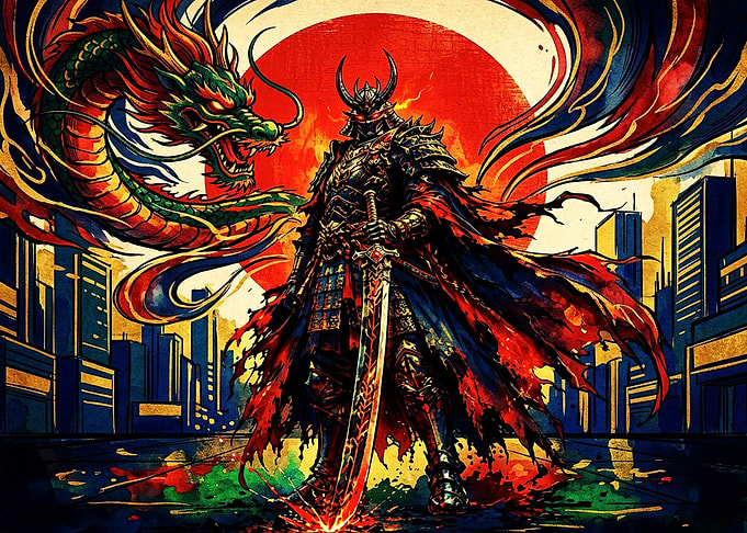 Samurai Warrior with Dragon and City