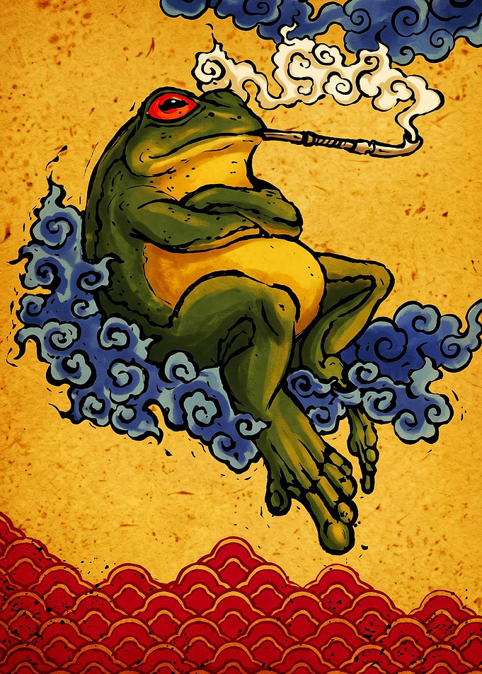 Smoking Frog on Clouds Illustration