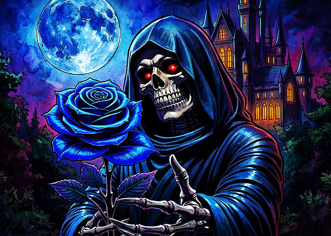 Grim Reaper Holding Blue Rose
