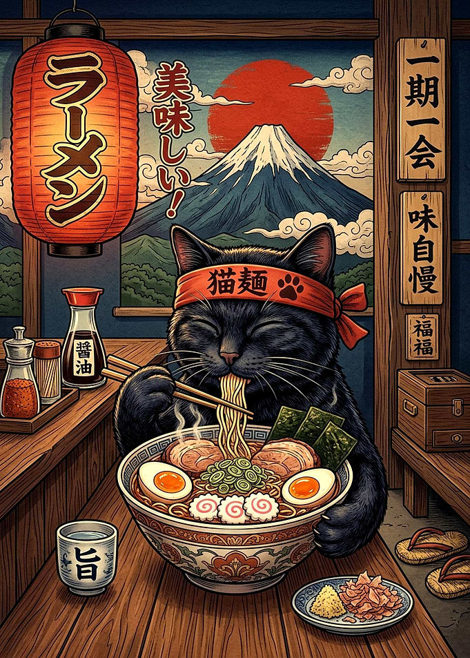 Black Cat Eating Ramen Illustration
