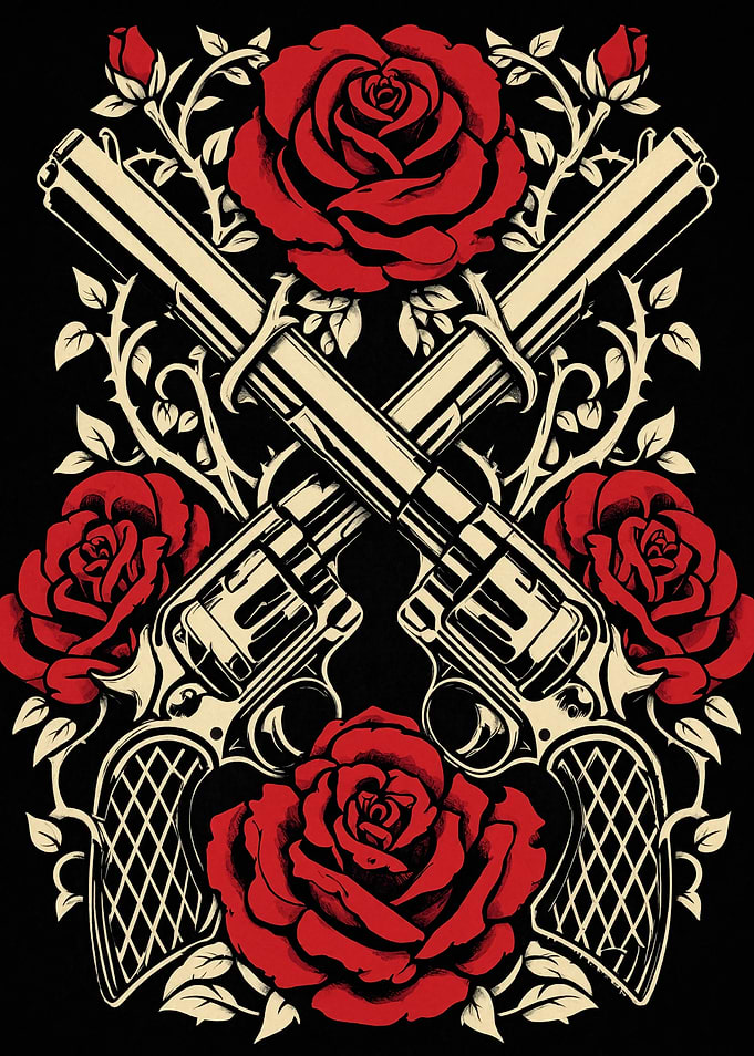 Crossed Revolvers and Red Roses Illustration