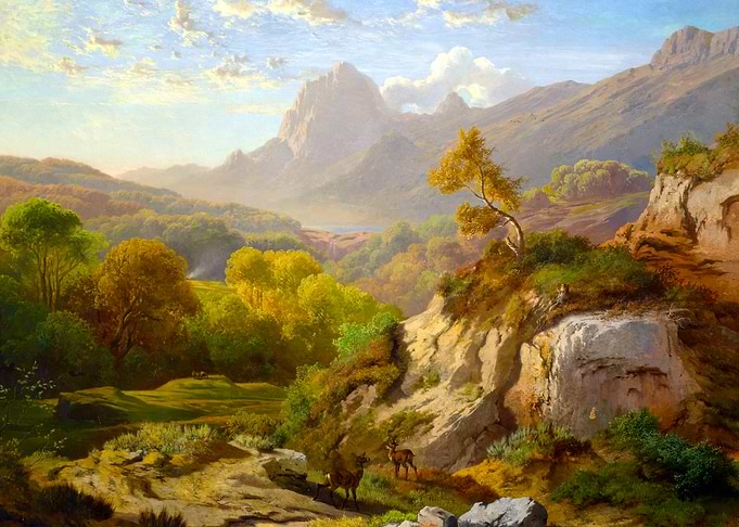 Red Deer in a Vast Mountain Landscape Painting by Albert August Zimmermann