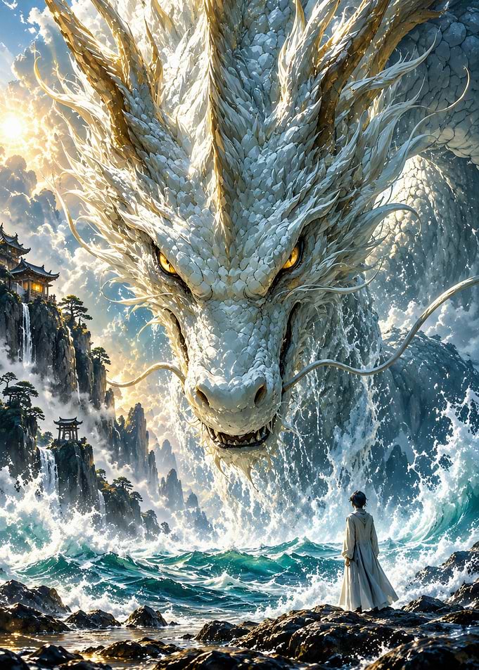 Majestic White Dragon Over Ocean