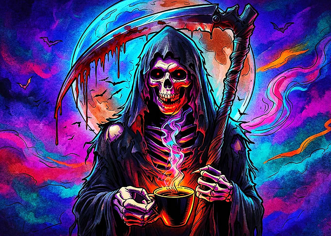 Grim Reaper Drinking Morning Coffee