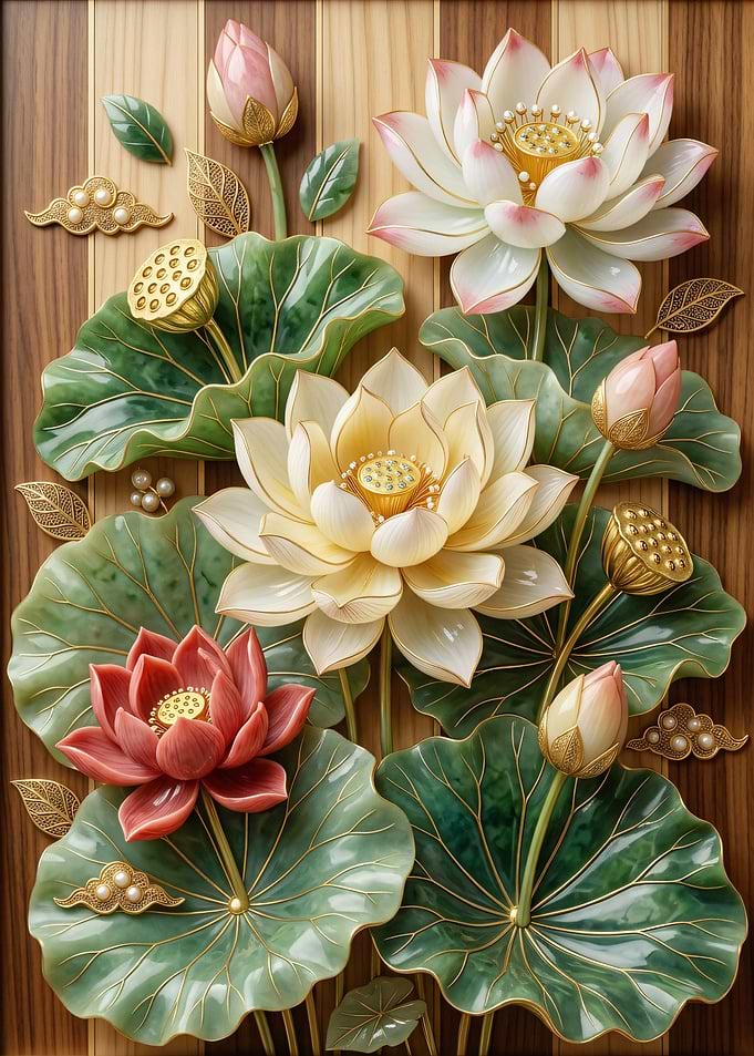 Elegant Jade and Gold Lotus Art