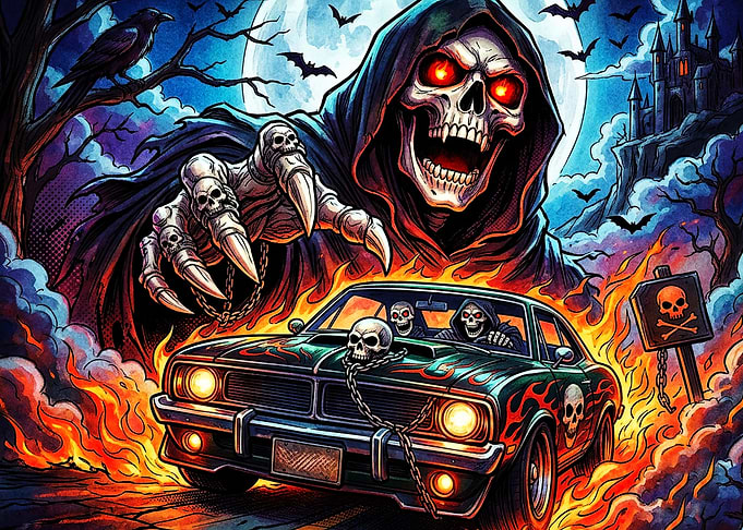 Grim Reaper Driving Flaming Muscle Car