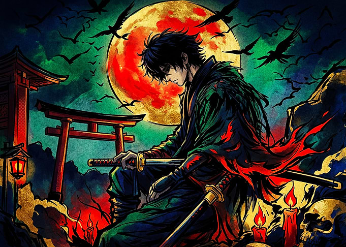 Dark Samurai Under Red Moon