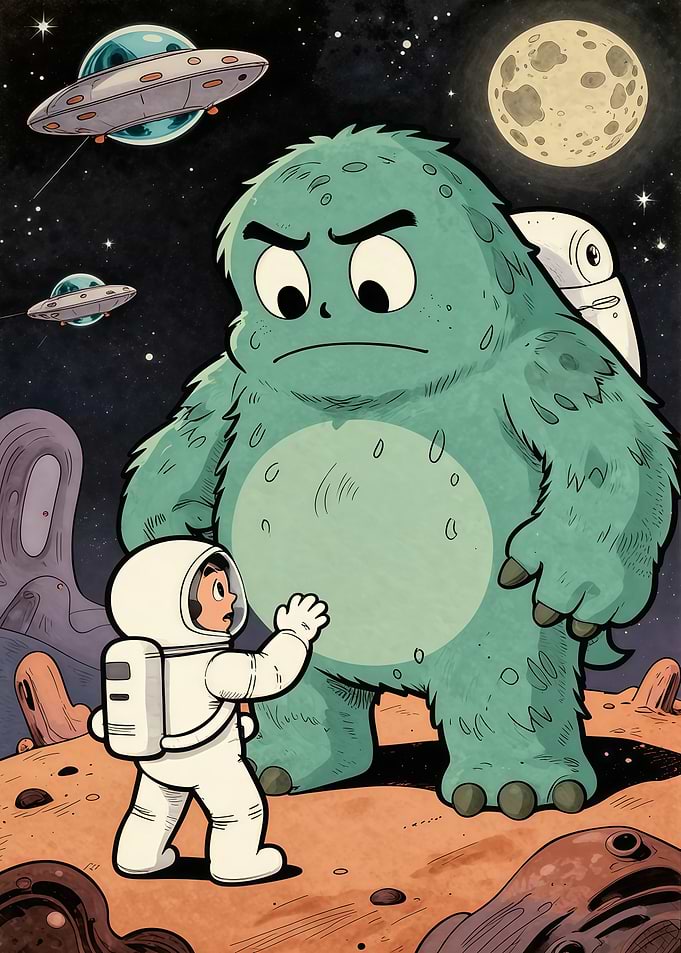 Astronaut Meeting a Friendly Alien Monster