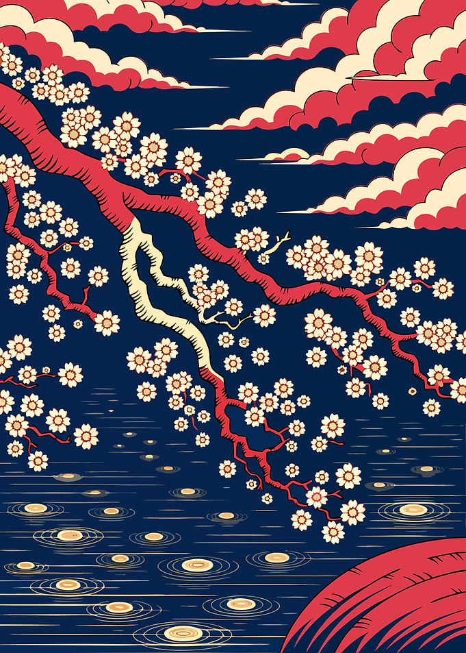 Japanese Art Poster: Cherry Blossom, Limited Colors