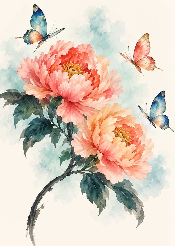 Watercolor Peonies and Butterflies Illustration