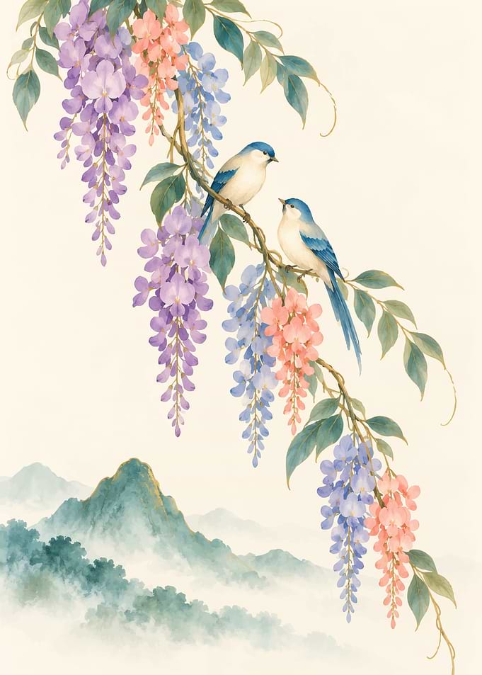 Two Birds Perched on Wisteria Branches