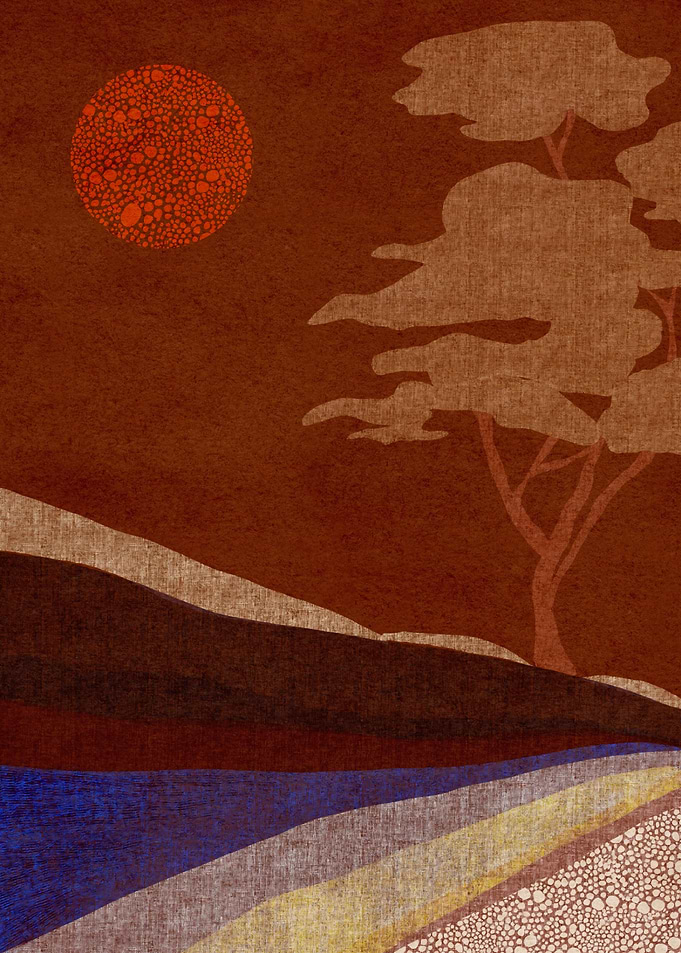 Abstract Japanese Landscape with Red Sun