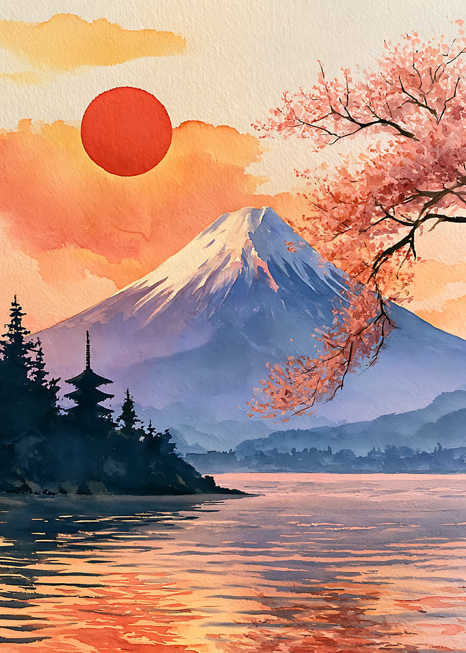Mount Fuji Sunset with Cherry Blossoms