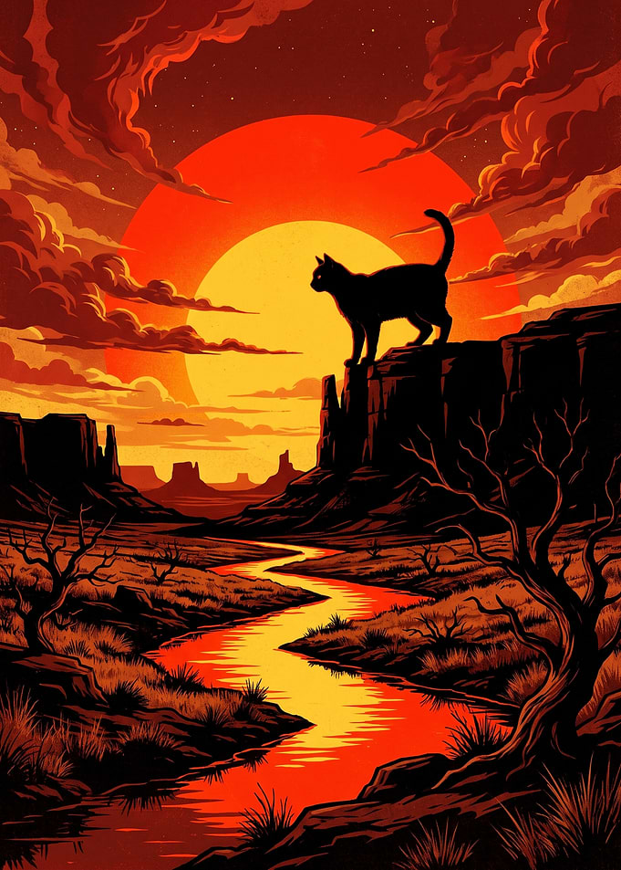 Cat Silhouette in Desert Sunset