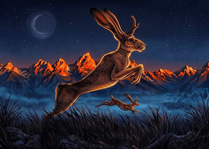 Jackalopes Leaping Under Moonlight