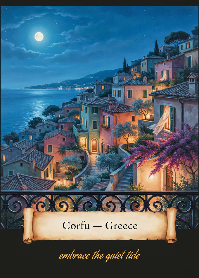 Corfu Moonlit Balcony Streetscape — Romantic Mystical Mediterranean Night Art
