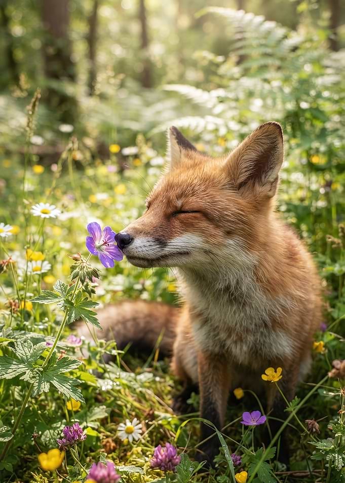 Fox Smelling a Wildflower