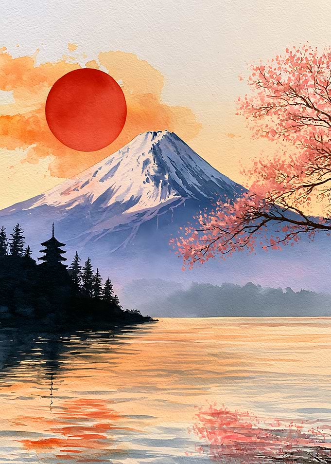 Mount Fuji Sunset Watercolor Landscape