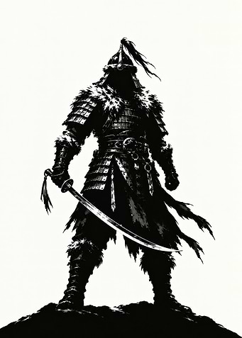 Black and White Mongol Warrior with Saber