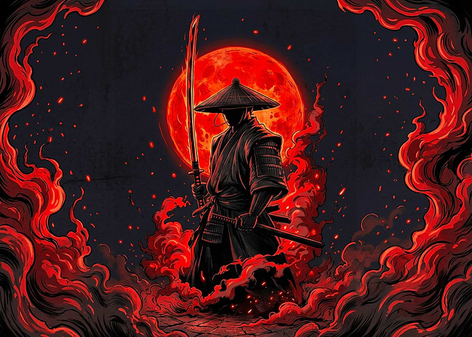 Samurai Warrior Under Red Moon