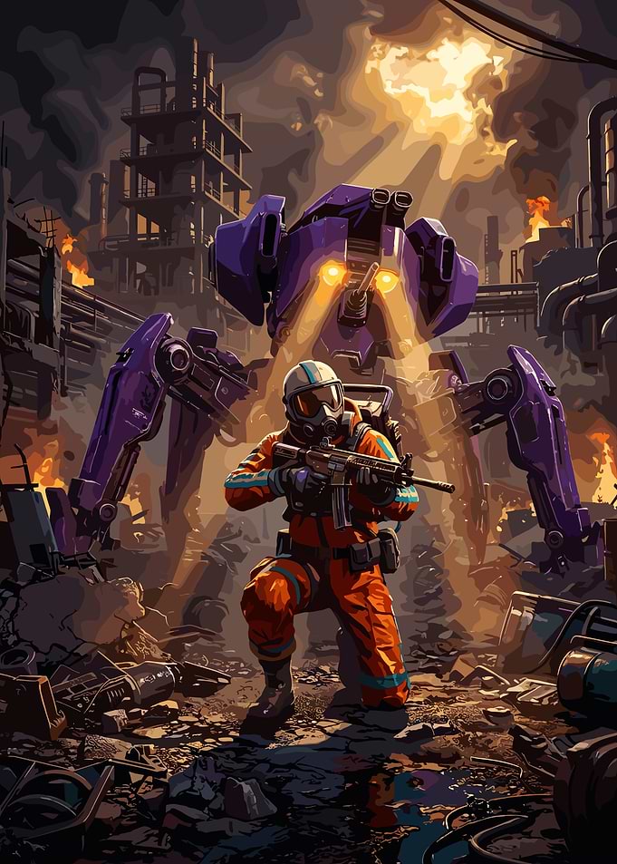 Soldier and Mech in Ruined City
