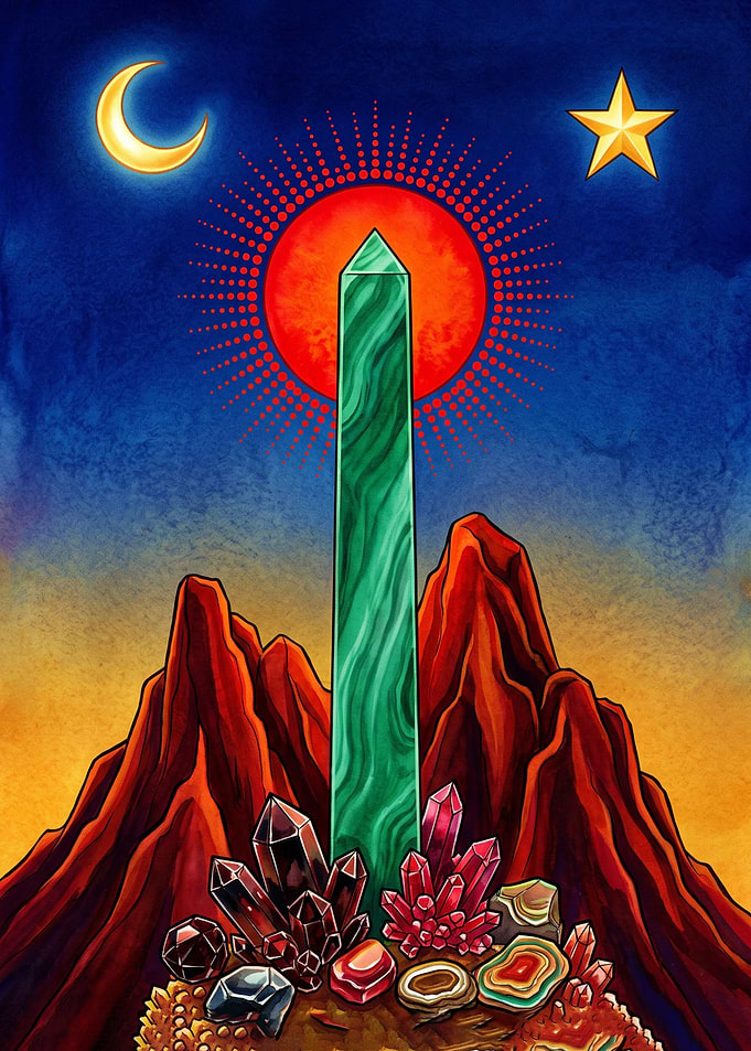 Mystical Green Obelisk and Crystals