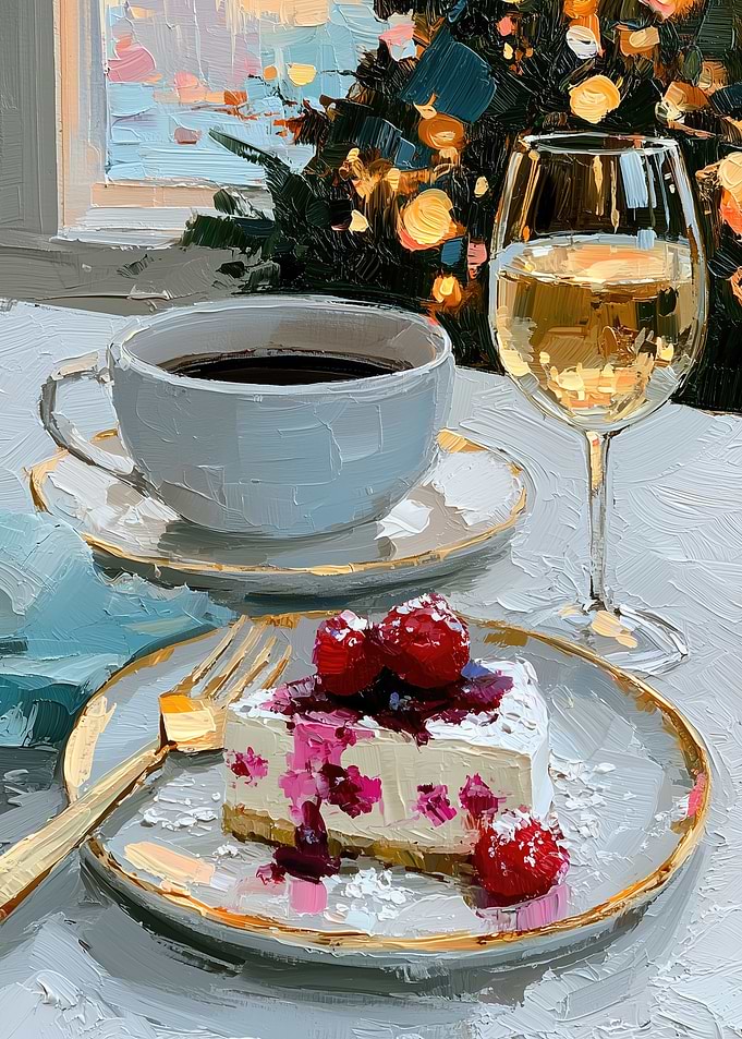 Raspberry Cheesecake and Coffee Still Life