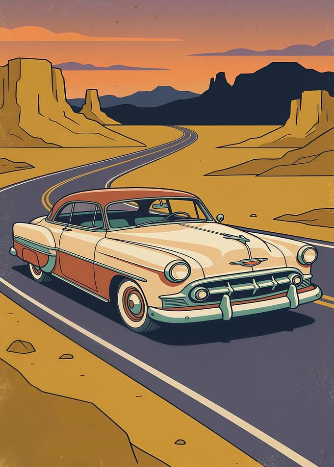 Vintage Car Driving Through Desert Landscape