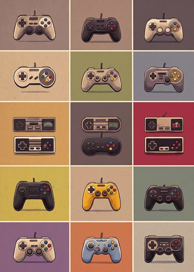 Retro Gaming Controller Vintage Grid Art Print Nostalgic Video Gamepad Wall Decor