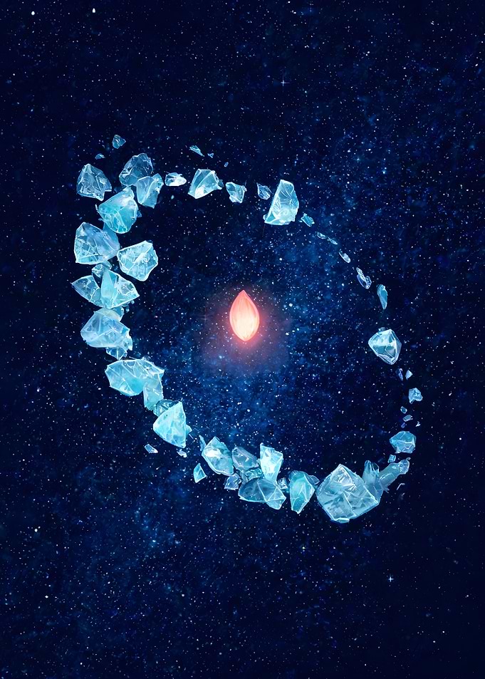 Glowing Core Surrounded by Ice Fragments