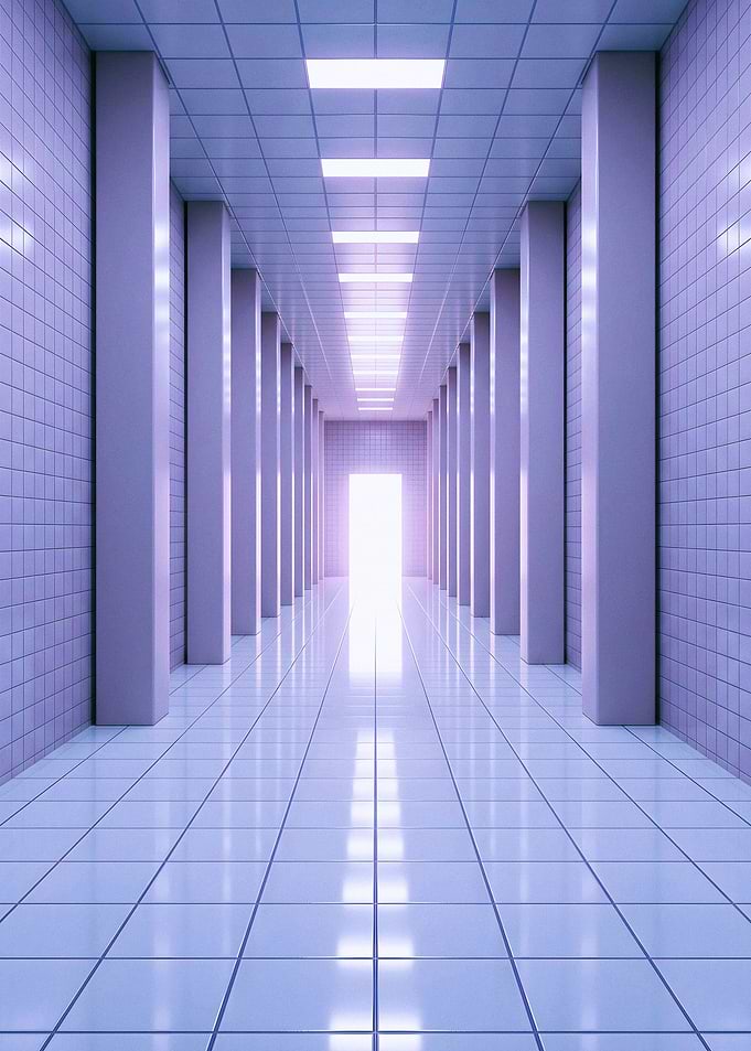 Symmetrical Tiled Corridor with Bright Exit
