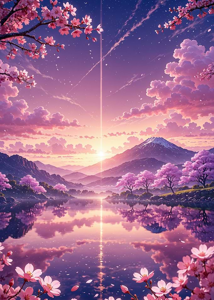 Mount Fuji and Cherry Blossoms Sunset Landscape Japan